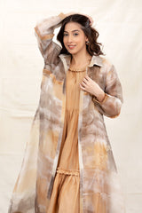 Golden Beige Flared Cotton Dress With Organza Shrug - Chinaya Banaras