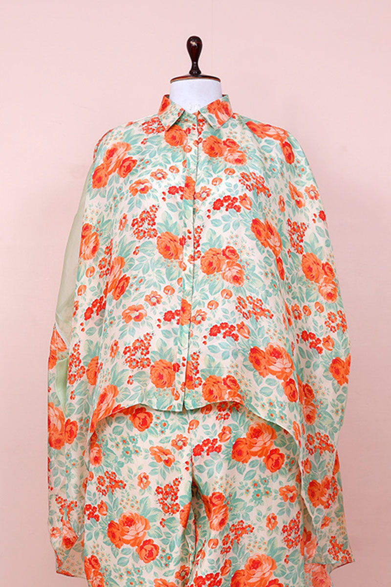 Off White Floral Printed Silk Co-Ord Kurta Set