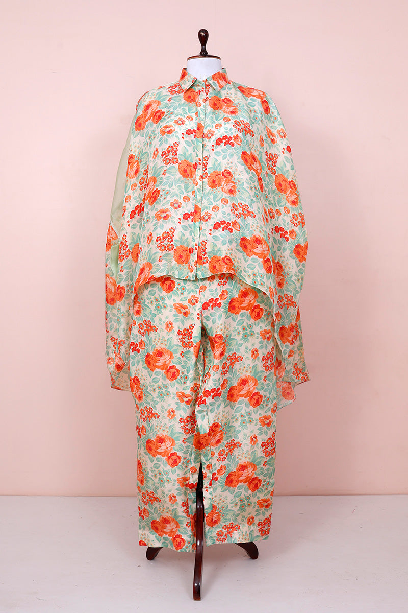 Off White Floral Printed Silk Co-Ord Kurta Set  By Chinaya Banaras 