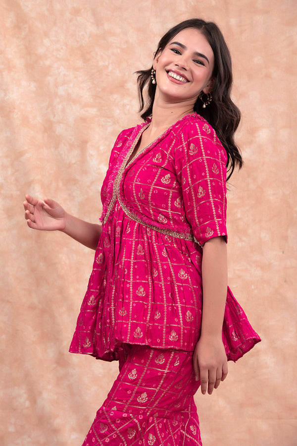 Magenta Pink Bandhni Woven Chiniya Silk Co-Ord Set - Chinaya Banaras