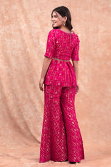 Magenta Pink Bandhni Woven Chiniya Silk Co-Ord Set
