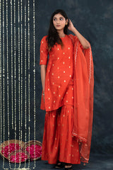 Deep Orange Woven Chanderi Silk Suit Set