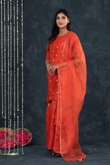 Deep Orange Woven Chanderi Silk Suit Set