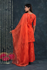 Deep Orange Woven Chanderi Silk Suit Set