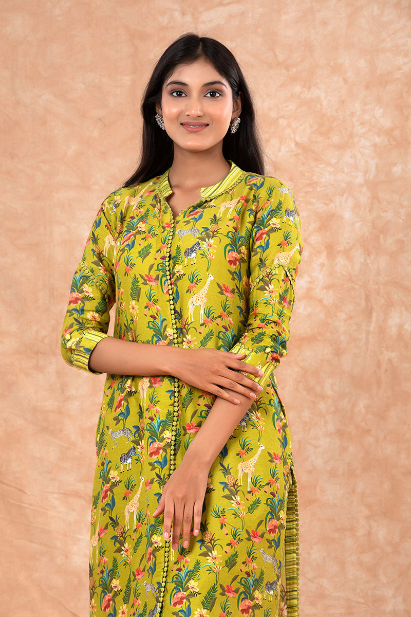 Lawn Green Digital Printed Cotton Co-Ord Kurta Set - Chinaya Banaras