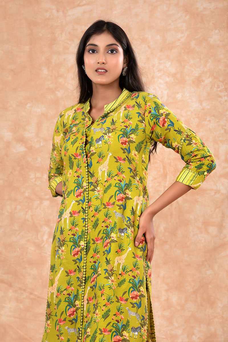 Lawn Green Digital Printed Cotton Co-Ord Kurta Set - Chinaya Banaras