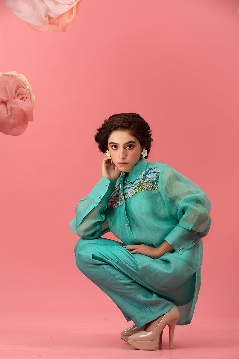 Sky Blue Embellished Organza Silk Co-ord Set