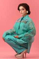 Sky Blue Embellished Organza Silk Co-ord Set - Chinaya Banaras