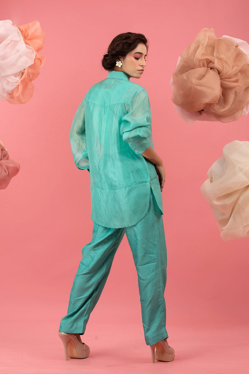 Sky Blue Embellished Organza Silk Co-ord Set