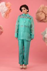 Sky Blue Embellished Organza Silk Co-ord Set