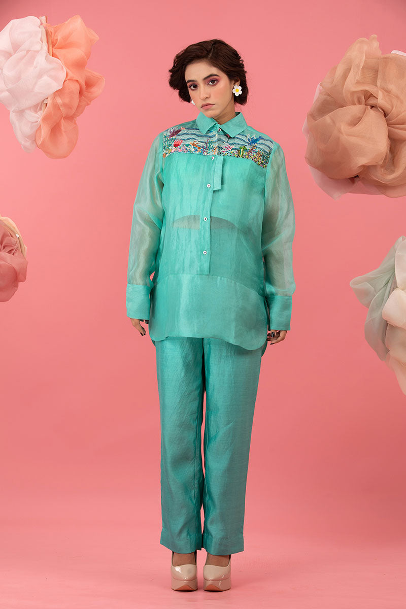 Sky Blue Embellished Organza Silk Co-ord Set