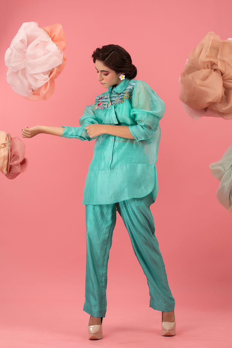 Sky Blue Embellished Organza Silk Co-ord Set