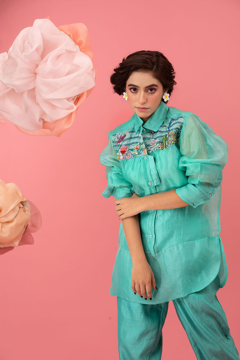 Sky Blue Embellished Organza Silk Co-ord Set