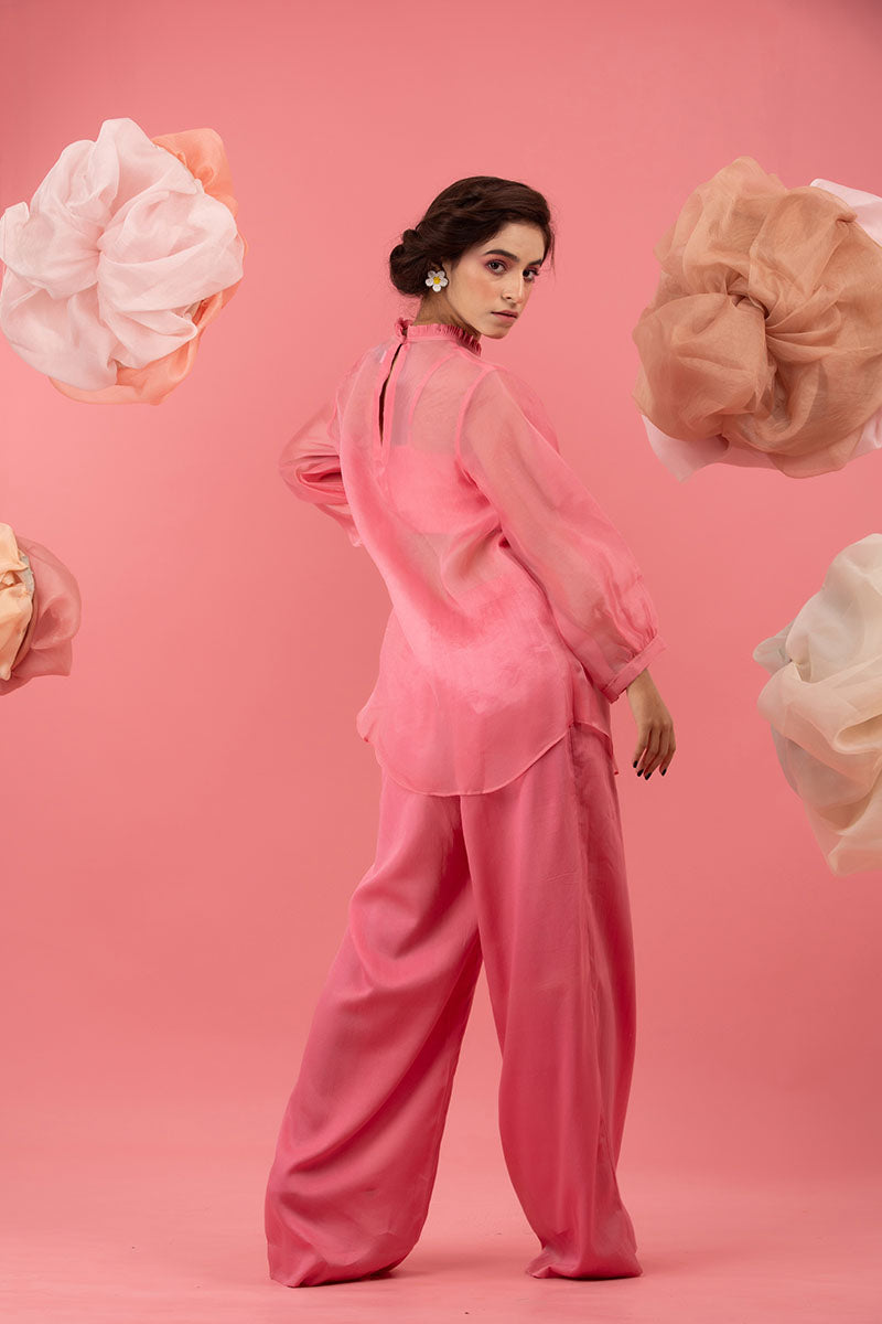 Pink Embellished Organza Silk Co-ord Set