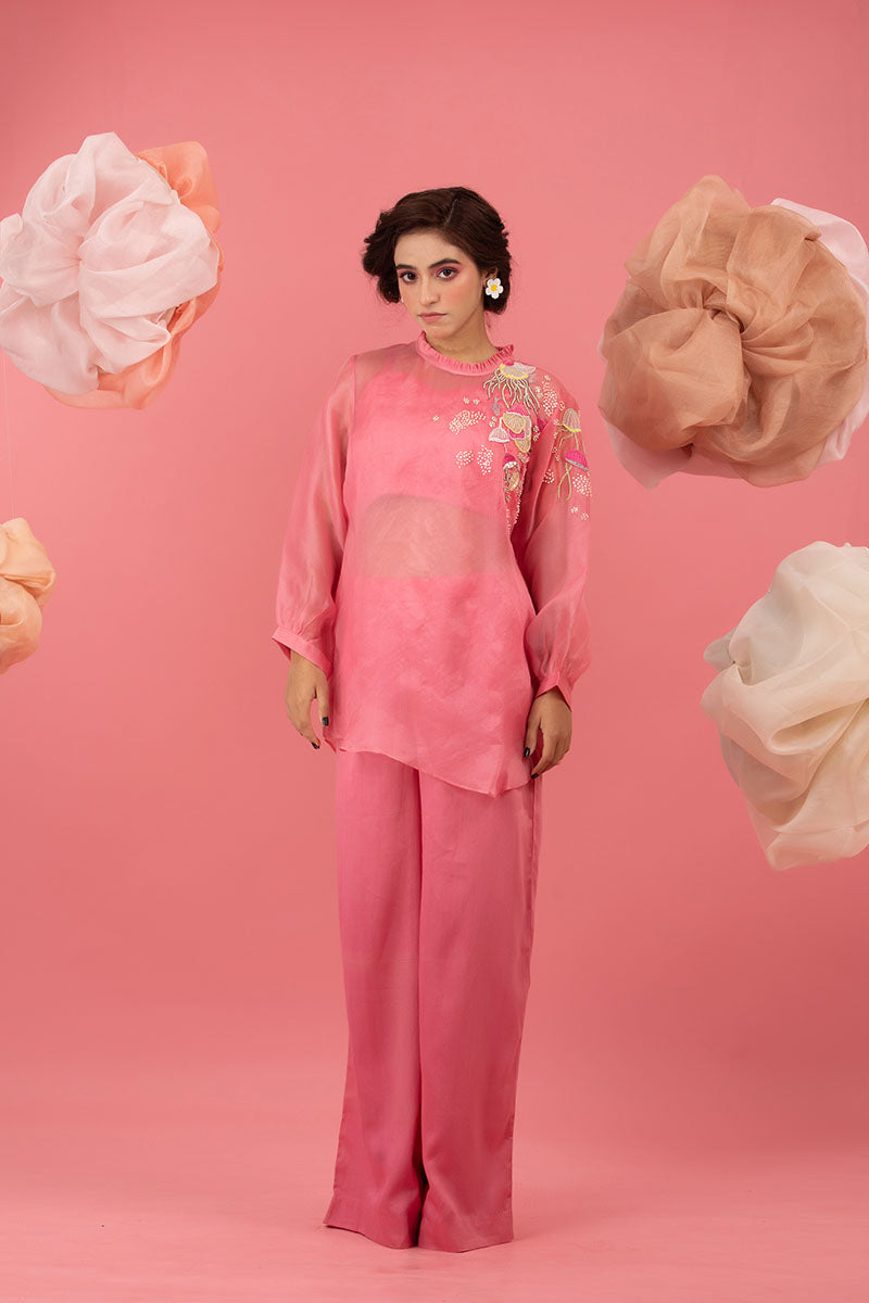 Pink Embellished Organza Silk Co-ord Set