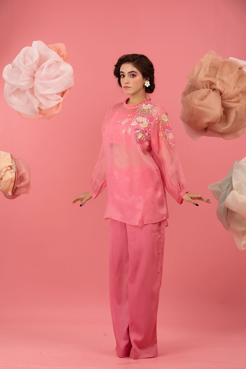 Pink Embellished Organza Silk Co-ord Set