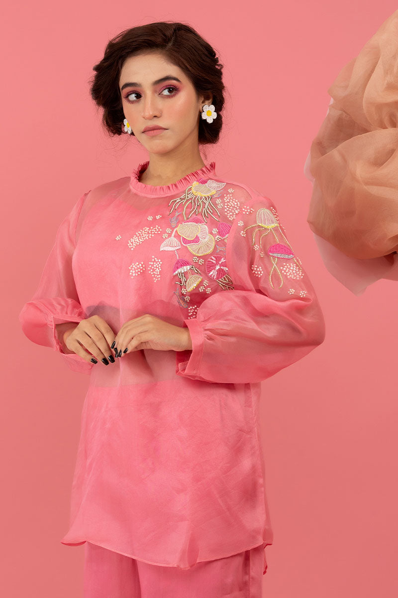 Pink Embellished Organza Silk Co-ord Set