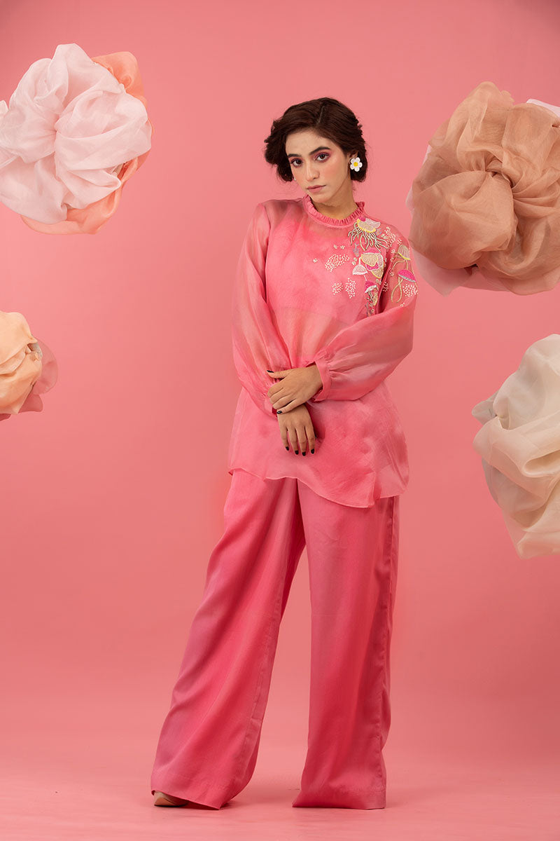 Pink Embellished Organza Silk Co-ord Set