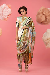 Buff Beige Floral Printed Embellished Silk Co-ord Set