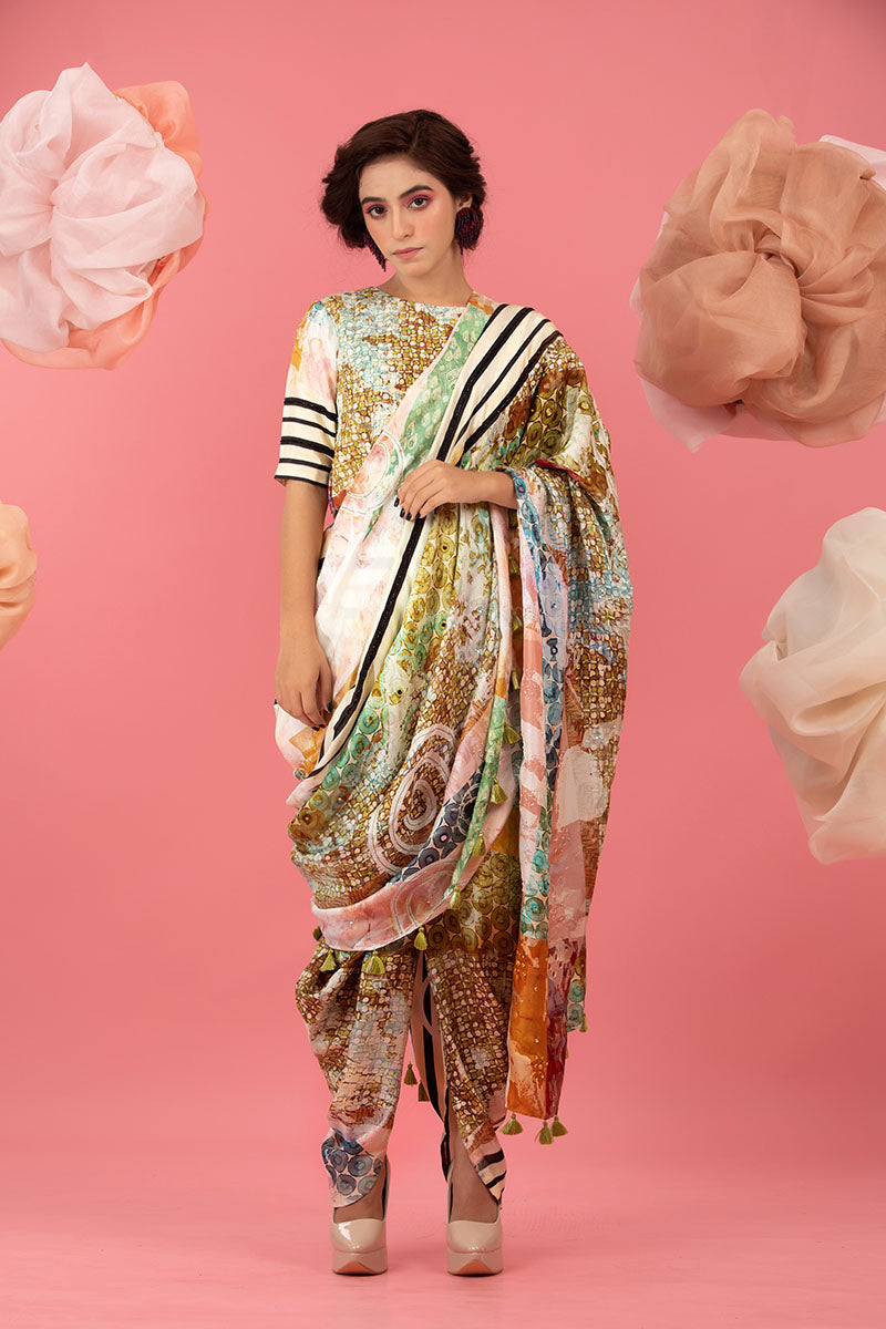 Buff Beige Floral Printed Embellished Silk Co-ord Set