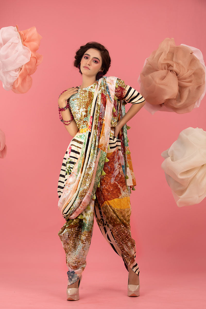 Buff Beige Floral Printed Embellished Silk Co-ord Set