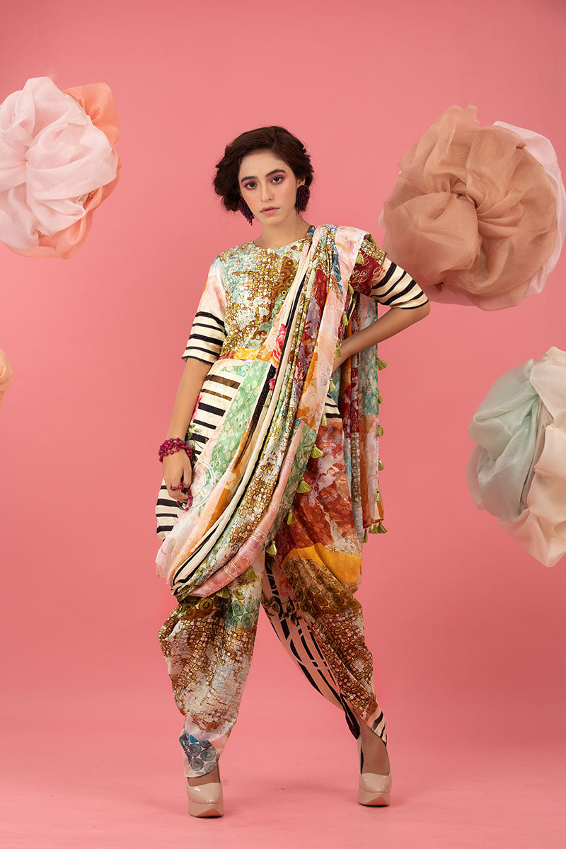 Buff Beige Floral Printed Embellished Silk Co-ord Set
