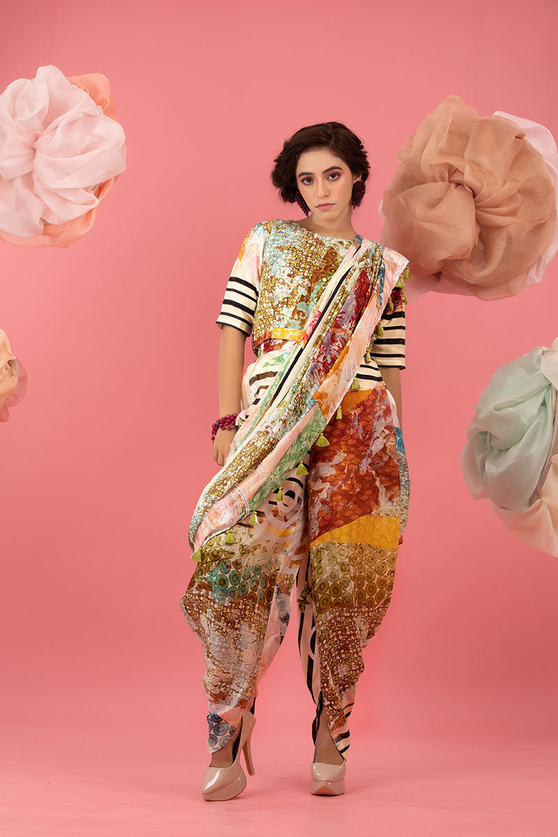 Buff Beige Floral Printed Embellished Silk Co-ord Set