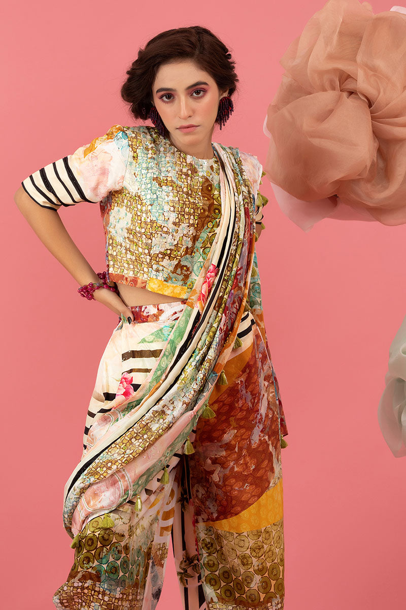 Buff Beige Floral Printed Embellished Silk Co-ord Set