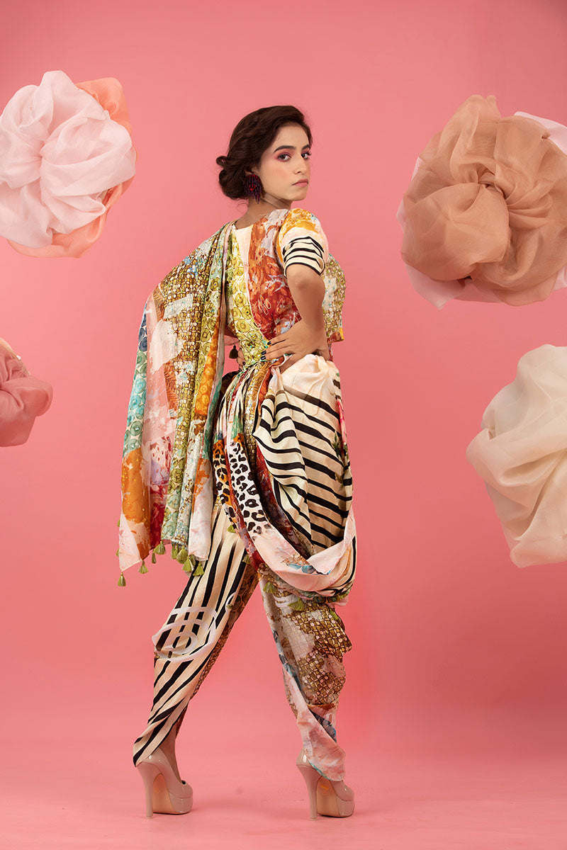 Buff Beige Floral Printed Embellished Silk Co-ord Set