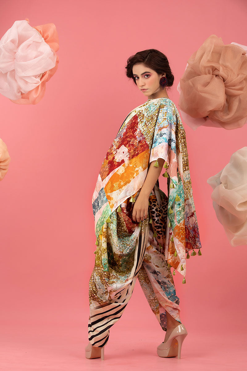 Buff Beige Floral Printed Embellished Silk Co-ord Set