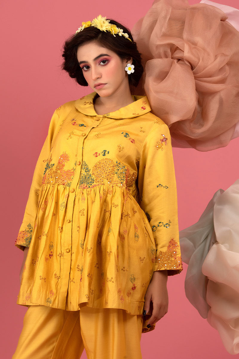 Deep Yellow Embellished Chiniya Silk Co-ord Set - Chinaya Banaras