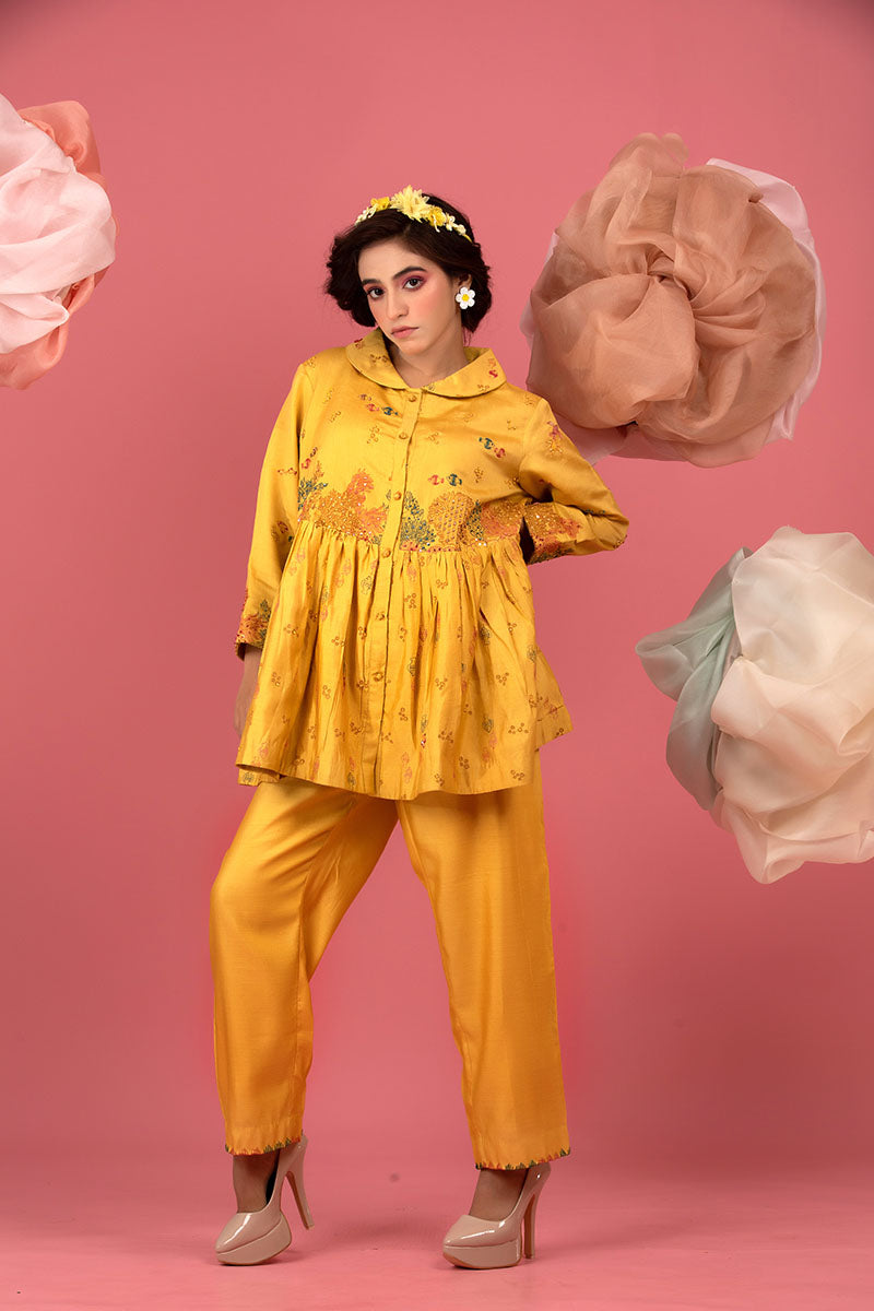 Deep Yellow Embellished Chiniya Silk Co-ord Set