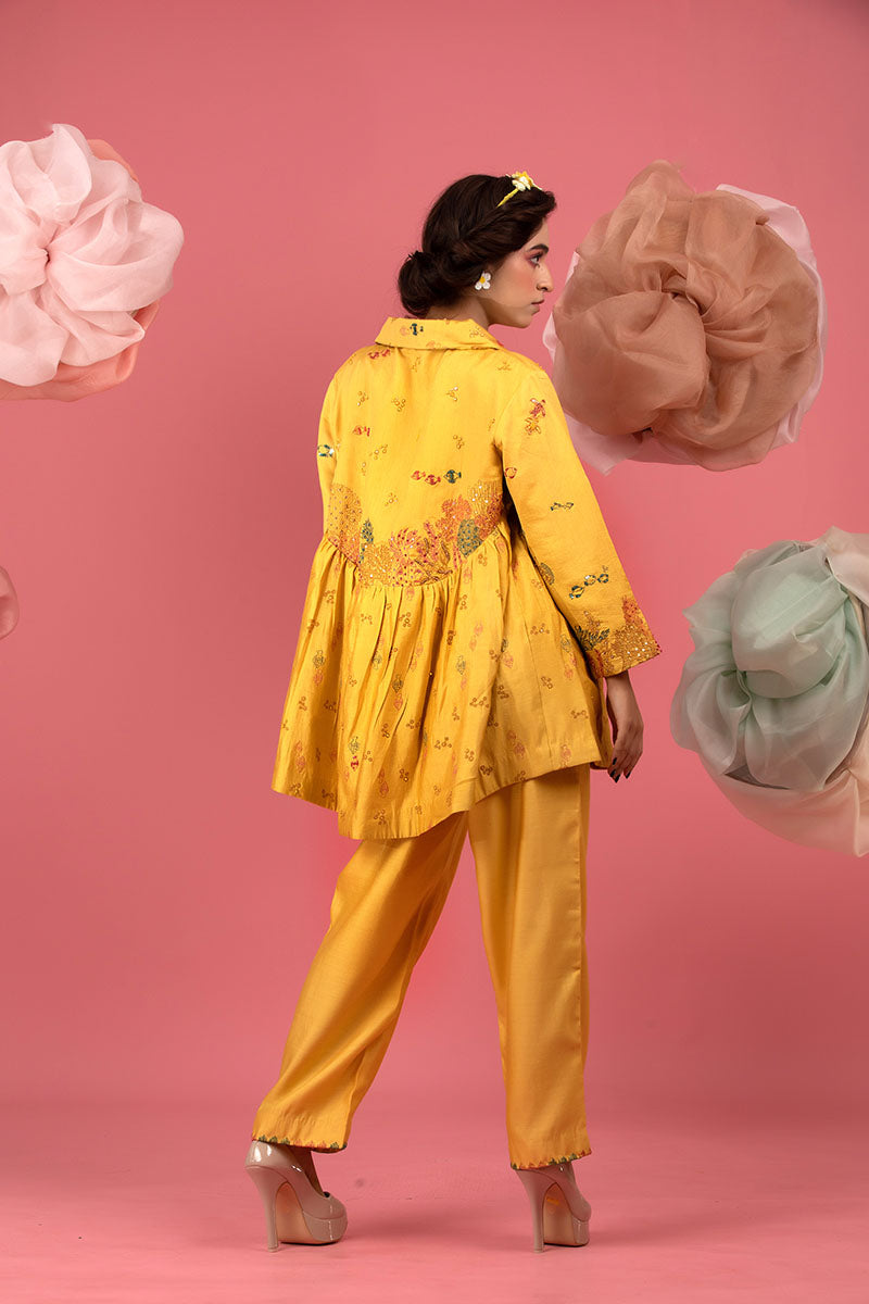 Deep Yellow Embellished Chiniya Silk Co-ord Set
