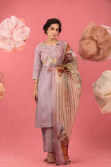 Lilac Digital Printed Embellished Organza Silk Suit Set - Chinaya Banaras