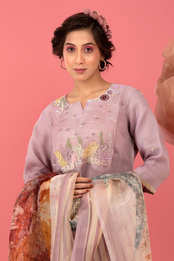 Lilac Digital Printed Embellished Organza Silk Suit Set - Chinaya Banaras