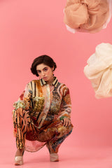 Brown Digital Printed Embellished Organza Silk Co-ord Set
