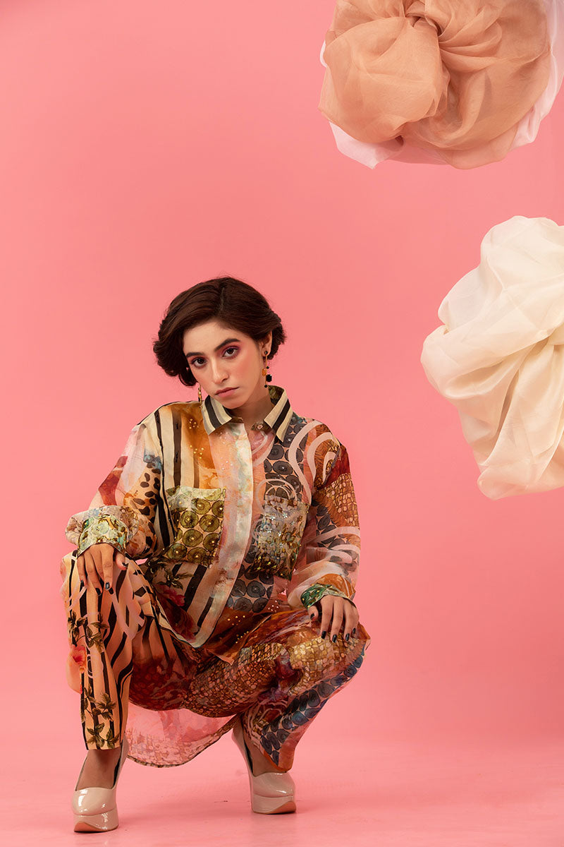 Brown Digital Printed Embellished Organza Silk Co-ord Set