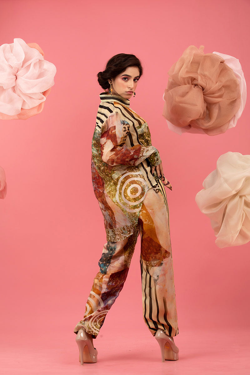 Brown Digital Printed Embellished Organza Silk Co-ord Set