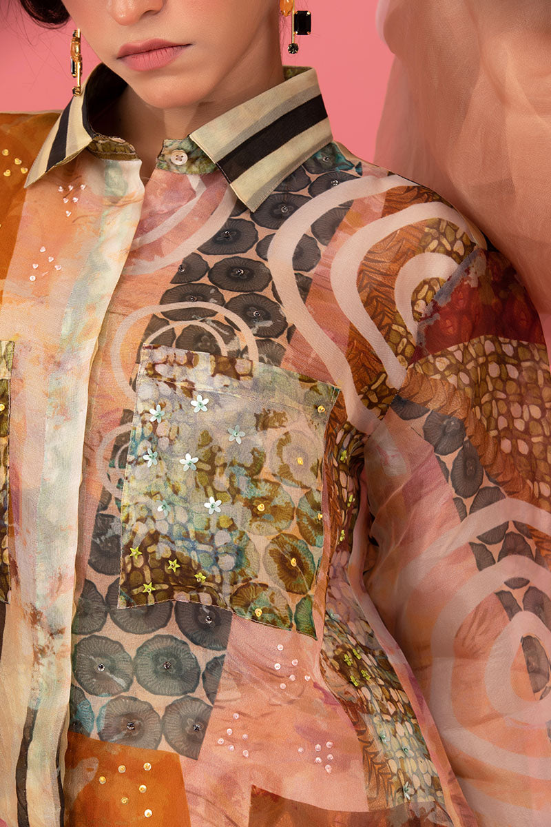 Brown Digital Printed Embellished Organza Silk Co-ord Set