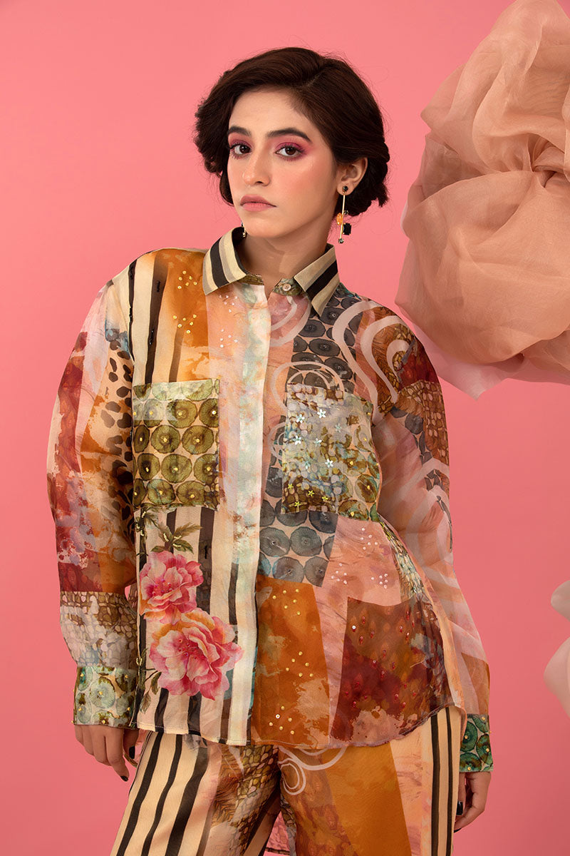 Brown Digital Printed Embellished Organza Silk Co-ord Set