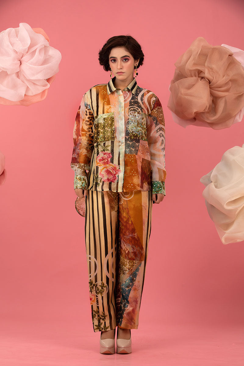 Brown Digital Printed Embellished Organza Silk Co-ord Set