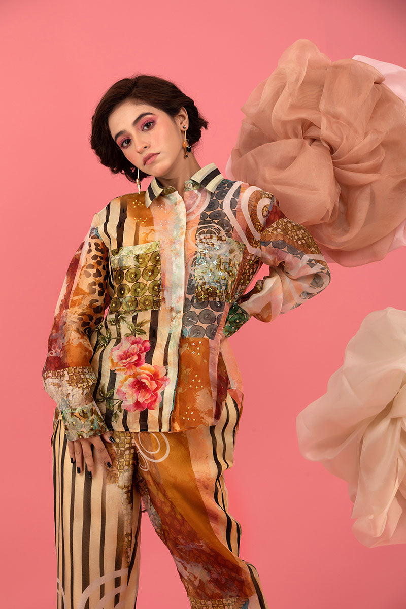 Brown Digital Printed Embellished Organza Silk Co-ord Set