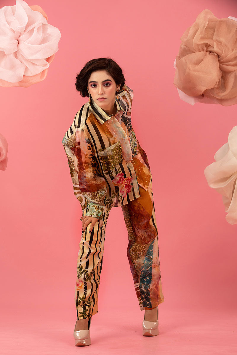 Brown Digital Printed Embellished Organza Silk Co-ord Set