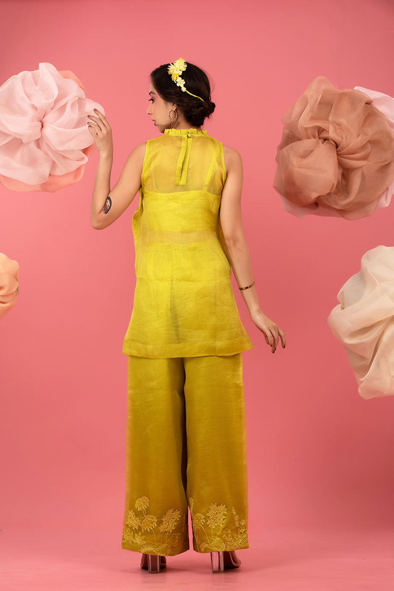 Neon Yellow Embellished Organza Silk Co-ord Set - Chinaya Banaras