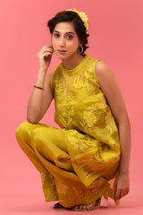 Neon Yellow Embellished Organza Silk Co-ord Set