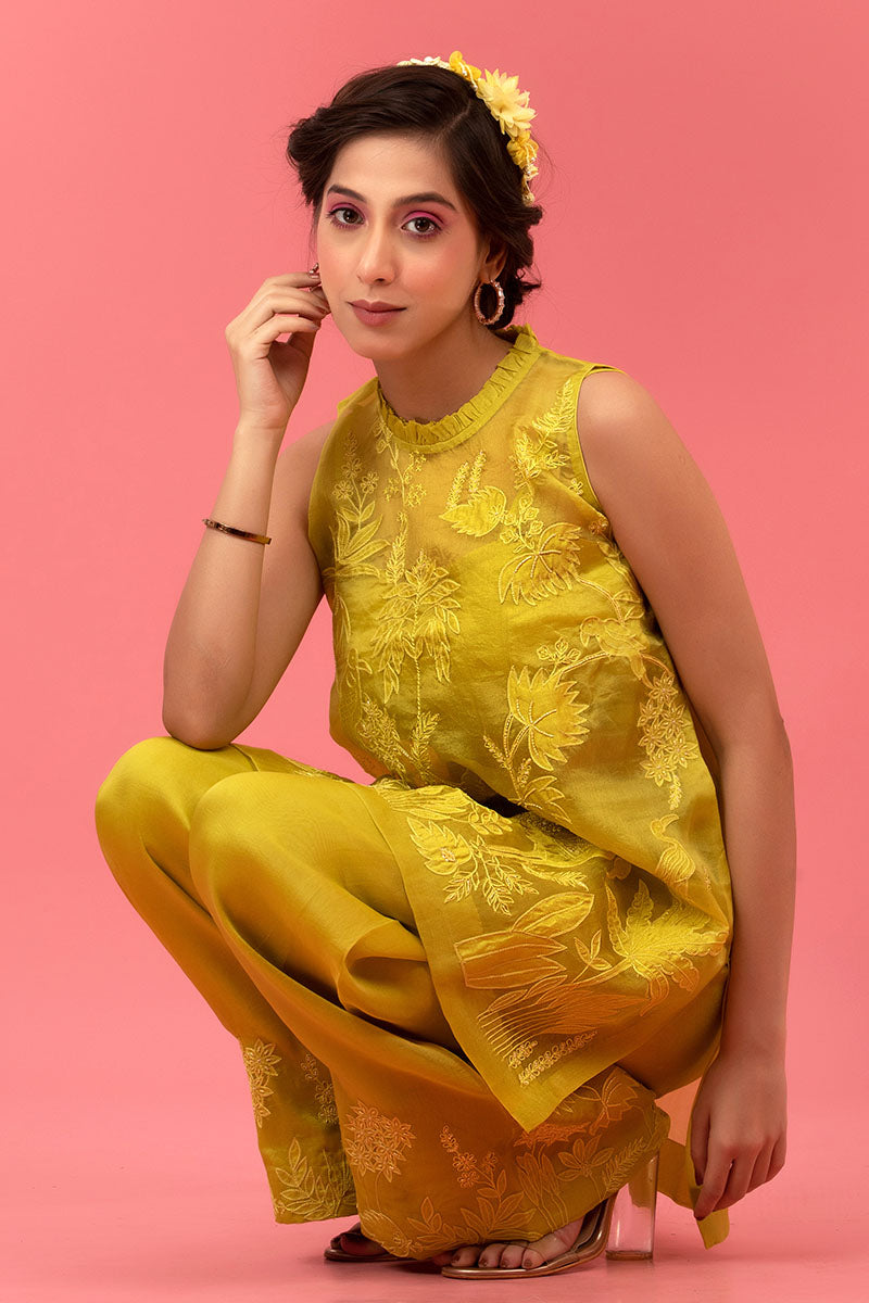 Neon Yellow Embellished Organza Silk Co-ord Set