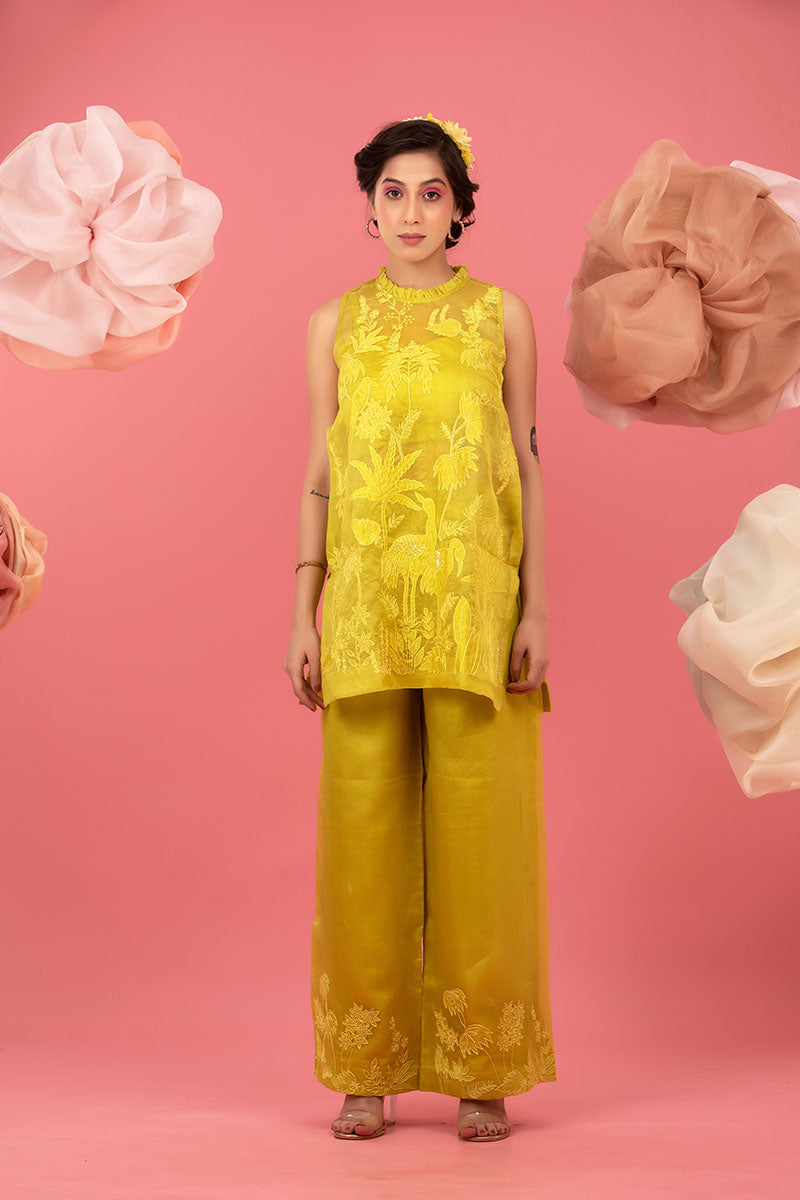 Neon Yellow Embellished Organza Silk Co-ord Set