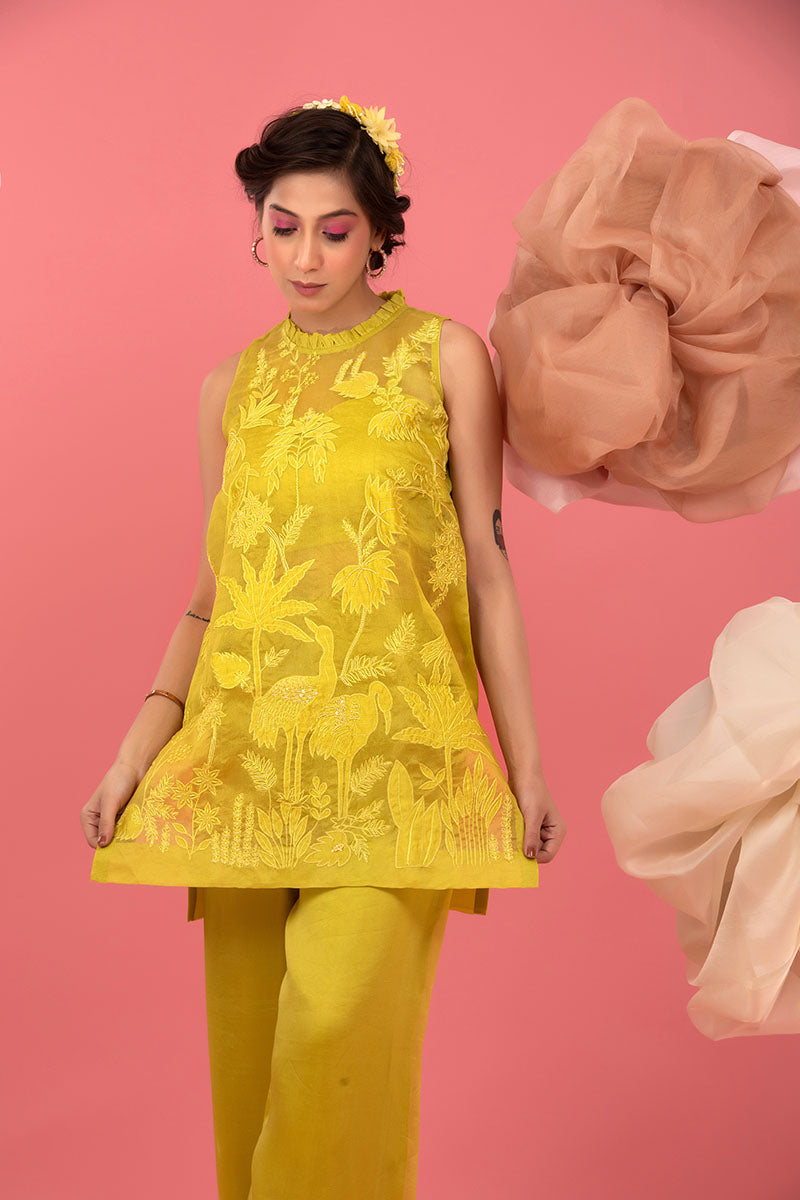 Neon Yellow Embellished Organza Silk Co-ord Set