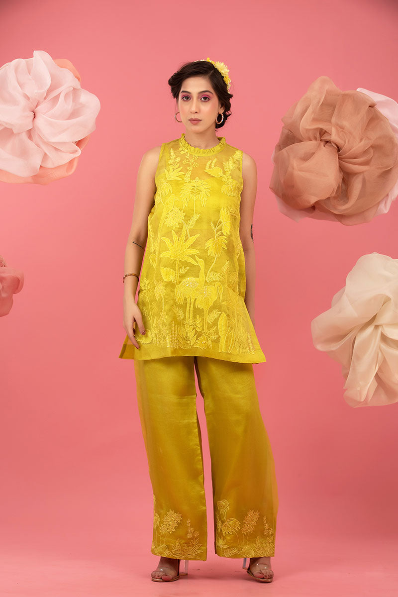 Neon Yellow Embellished Organza Silk Co-ord Set