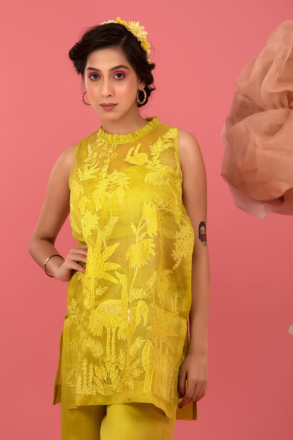 Neon Yellow Embellished Organza Silk Co-ord Set - Chinaya Banaras